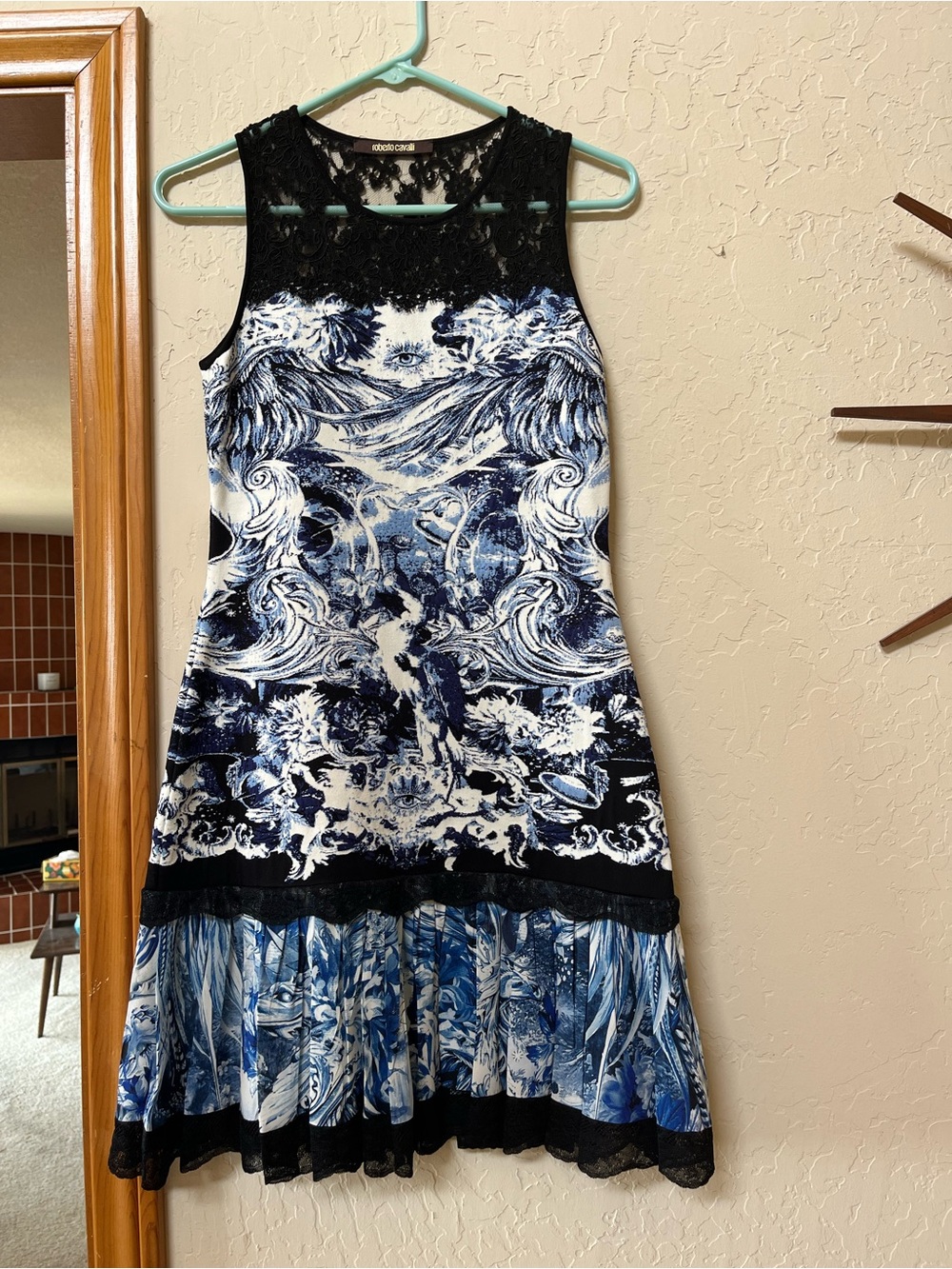Roberto Cavalli Blue and Black Lace Yoke Mini Dress - Picture 5 of 5